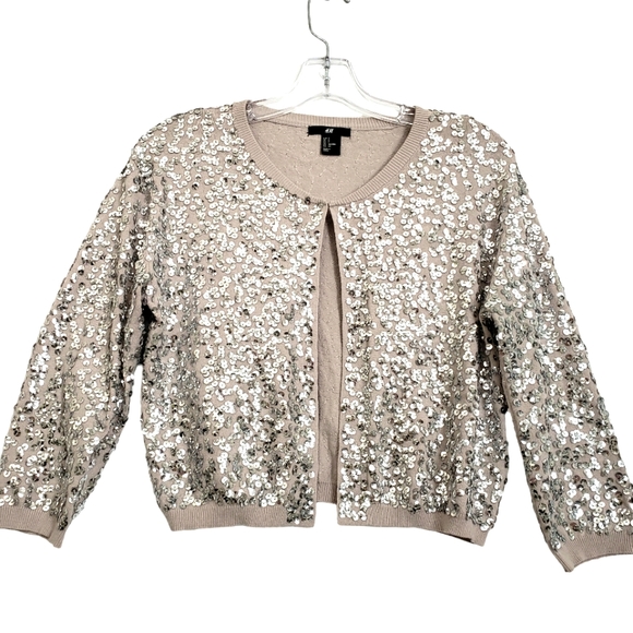 H&M Beige & Silver Sequin Knit 3/4 Sleeve Cropped Retro Inspired ♥ Cardi… - Picture 6 of 15